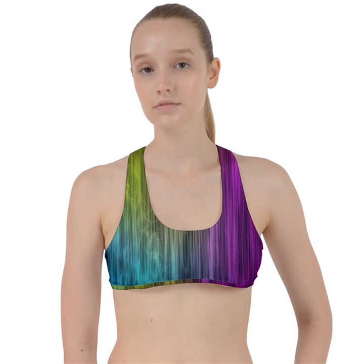 Rainbow Bubble Curtains Motion Background Space Criss Cross Racerback Sports Bra