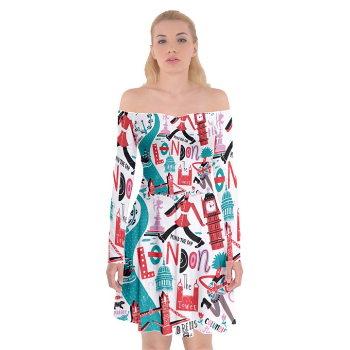 London Illustration City Off Shoulder Skater Dress