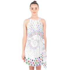 Prismatic Stars Whirlpool Circlr Rainbow Halter Collar Waist Tie Chiffon Dress