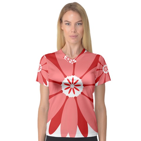 Sunflower Flower Floral Red V-neck Sport Mesh Tee by Mariart