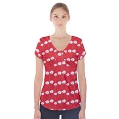 Sunflower Red Star Beauty Flower Floral Short Sleeve Front Detail Top by Mariart