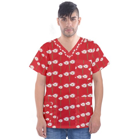 Sunflower Red Star Beauty Flower Floral Men s V-neck Scrub Top by Mariart