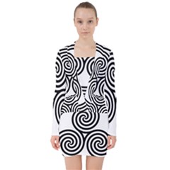 Triple Spiral Triskelion Black V-neck Bodycon Long Sleeve Dress