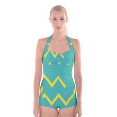 Waves Chevron Wave Green Yellow Sign Boyleg Halter Swimsuit  by Mariart