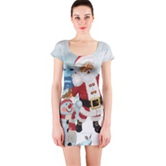 Funny Santa Claus With Snowman Short Sleeve Bodycon Dress by FantasyWorld7