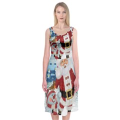 Funny Santa Claus With Snowman Midi Sleeveless Dress by FantasyWorld7