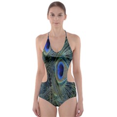 Peacock Feathers Blue Bird Nature Cut-out One Piece Swimsuit by Nexatart