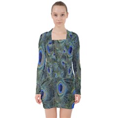 Peacock Feathers Blue Bird Nature V-neck Bodycon Long Sleeve Dress