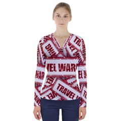 Travel Warning Shield Stamp V-neck Long Sleeve Top