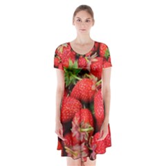 Strawberries Berries Fruit Short Sleeve V-neck Flare Dress by Nexatart