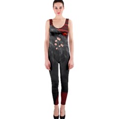 Awesmoe Black Horse With Flowers On Red Background Onepiece Catsuit by FantasyWorld7