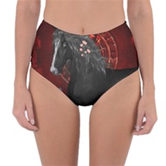 Awesmoe Black Horse With Flowers On Red Background Reversible High-waist Bikini Bottoms by FantasyWorld7