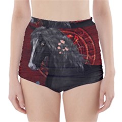 Awesmoe Black Horse With Flowers On Red Background High-waisted Bikini Bottoms by FantasyWorld7