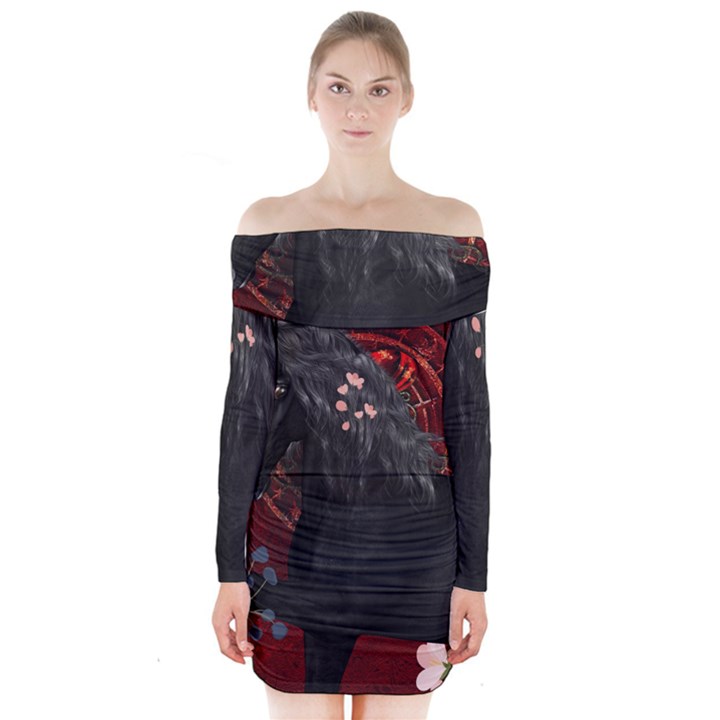 Awesmoe Black Horse With Flowers On Red Background Long Sleeve Off Shoulder Dress