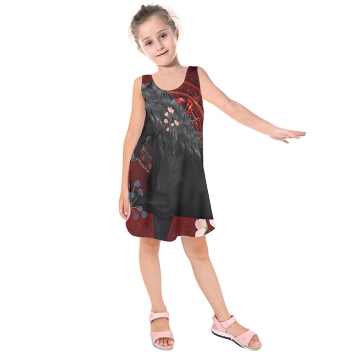 Awesmoe Black Horse With Flowers On Red Background Kids  Sleeveless Dress