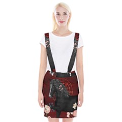 Awesmoe Black Horse With Flowers On Red Background Braces Suspender Skirt by FantasyWorld7