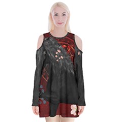 Awesmoe Black Horse With Flowers On Red Background Velvet Long Sleeve Shoulder Cutout Dress by FantasyWorld7