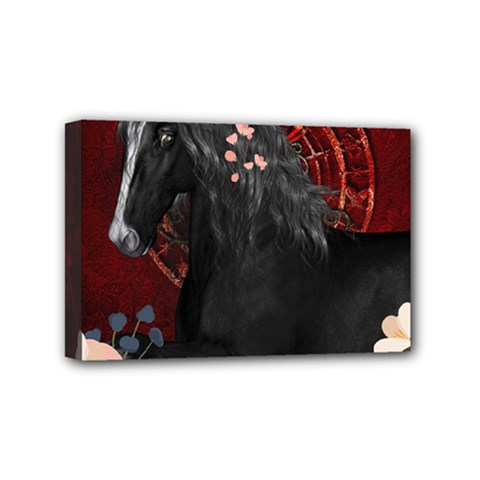 Awesmoe Black Horse With Flowers On Red Background Mini Canvas 6  X 4  by FantasyWorld7