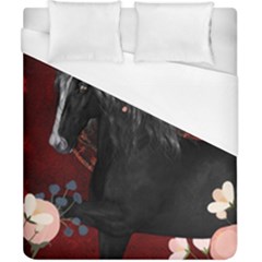 Awesmoe Black Horse With Flowers On Red Background Duvet Cover (california King Size) by FantasyWorld7