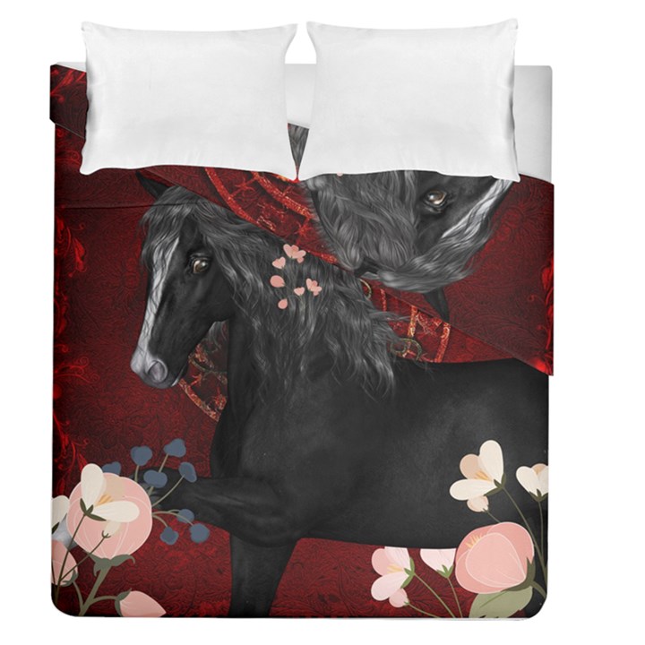 Awesmoe Black Horse With Flowers On Red Background Duvet Cover Double Side (Queen Size)