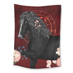 Awesmoe Black Horse With Flowers On Red Background Medium Tapestry by FantasyWorld7