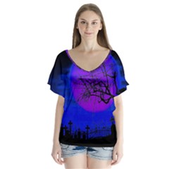 Halloween Landscape V-neck Flutter Sleeve Top by Valentinaart