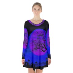 Halloween Landscape Long Sleeve Velvet V-neck Dress by Valentinaart