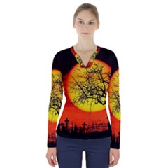 Halloween Landscape V-neck Long Sleeve Top