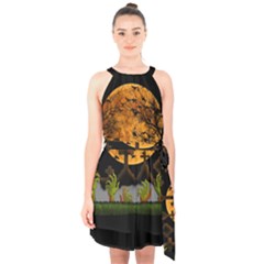 Halloween Zombie Hands Halter Collar Waist Tie Chiffon Dress