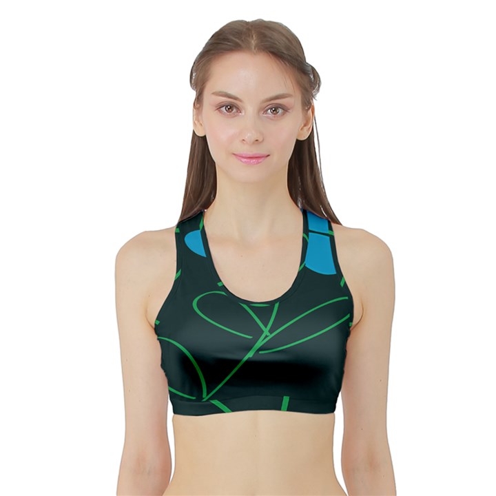 Whimsical Blue Flower Green Sexy Sports Bra with Border