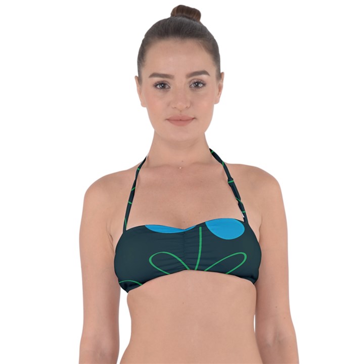 Whimsical Blue Flower Green Sexy Halter Bandeau Bikini Top