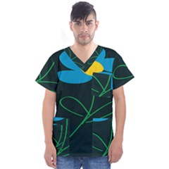 Whimsical Blue Flower Green Sexy Men s V-neck Scrub Top