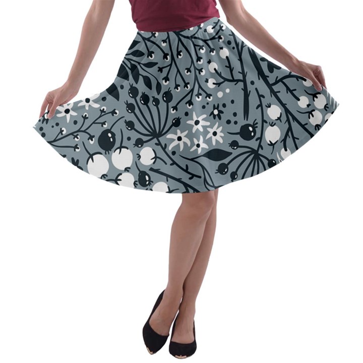 Abstract Floral Pattern Grey A-line Skater Skirt