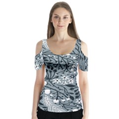 Abstract Floral Pattern Grey Butterfly Sleeve Cutout Tee 