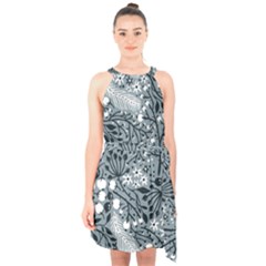 Abstract Floral Pattern Grey Halter Collar Waist Tie Chiffon Dress