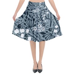 Abstract Floral Pattern Grey Flared Midi Skirt