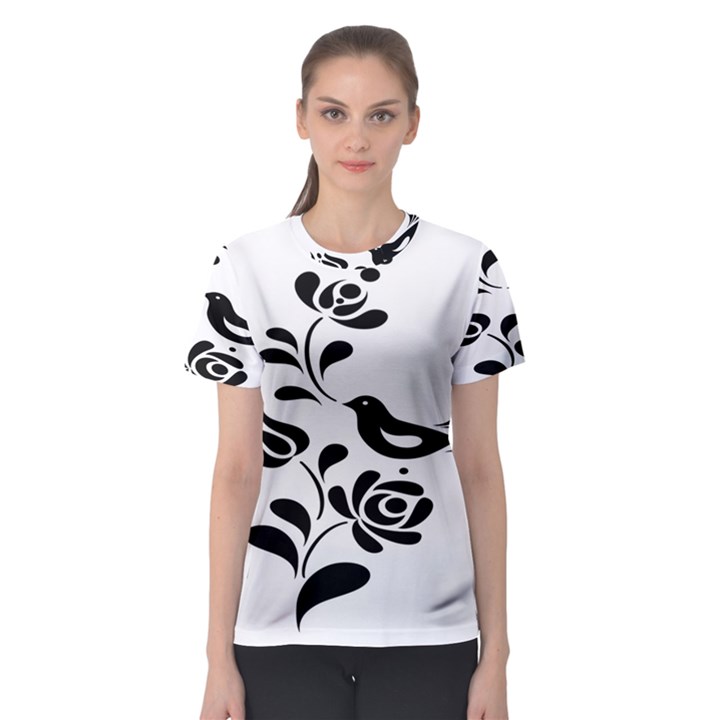 Birds Flower Rose Black Animals Women s Sport Mesh Tee