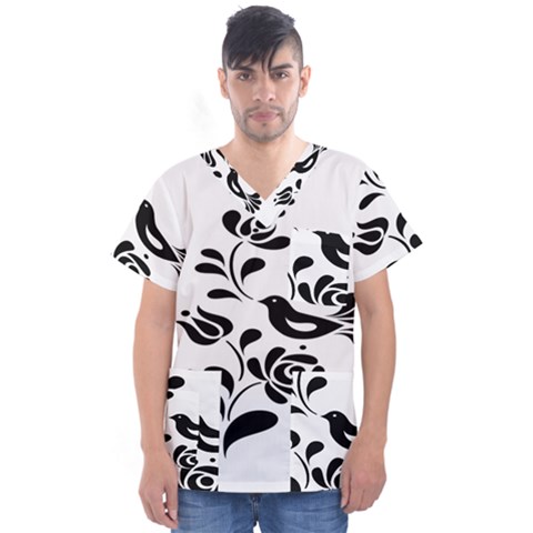 Birds Flower Rose Black Animals Men s V-neck Scrub Top by Mariart