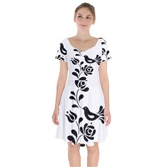 Birds Flower Rose Black Animals Short Sleeve Bardot Dress