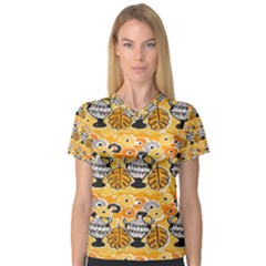 Amfora Leaf Yellow Flower V-neck Sport Mesh Tee