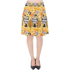 Amfora Leaf Yellow Flower Velvet High Waist Skirt