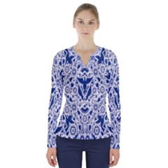 Birds Fish Flowers Floral Star Blue White Sexy Animals Beauty V-neck Long Sleeve Top by Mariart