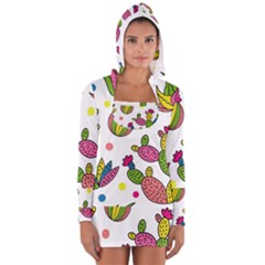 Cactus Seamless Pattern Background Polka Wave Rainbow Long Sleeve Hooded T-shirt