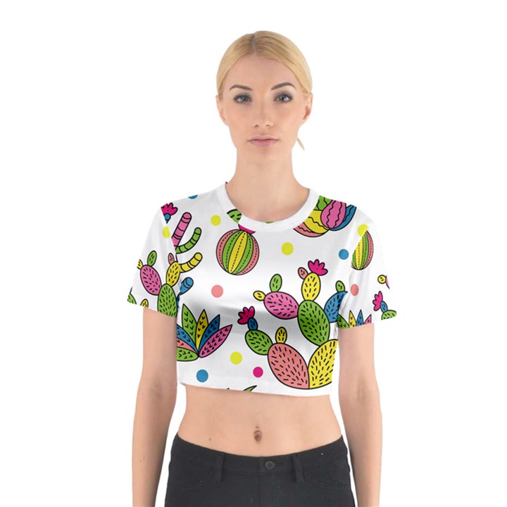 Cactus Seamless Pattern Background Polka Wave Rainbow Cotton Crop Top