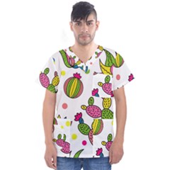 Cactus Seamless Pattern Background Polka Wave Rainbow Men s V-neck Scrub Top