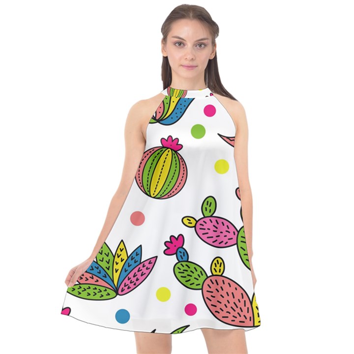 Cactus Seamless Pattern Background Polka Wave Rainbow Halter Neckline Chiffon Dress 