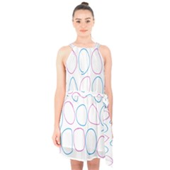 Circles Featured Pink Blue Halter Collar Waist Tie Chiffon Dress