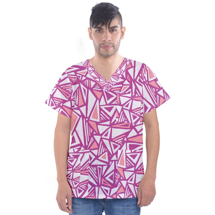 Conversational Triangles Pink White Men s V-Neck Scrub Top