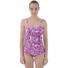 Conversational Triangles Pink White Twist Front Tankini Set