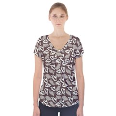 Dried Leaves Grey White Camuflage Summer Short Sleeve Front Detail Top by Mariart